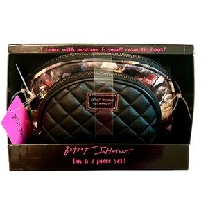 NEW Betsey Johnson Set of 2 Cosmetic Makeup Travel Bags Black Floral Gift Box